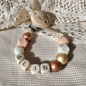 Speenkoord met naam ‘Elin’ – Bronze / Zalm roze / Goud / Flower